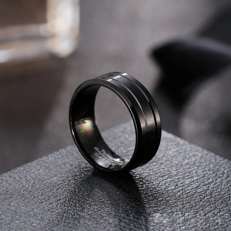 Men's Black 6mm Ring Tungsten Simple Double Groove